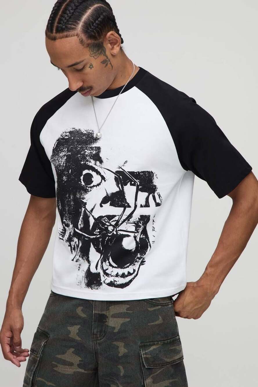 BoohooMAN Shrunken Boxy Raglan Graphic T-Shirt Size L Black White